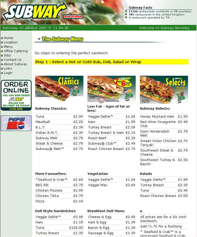 Subway Menu Page (with prices).