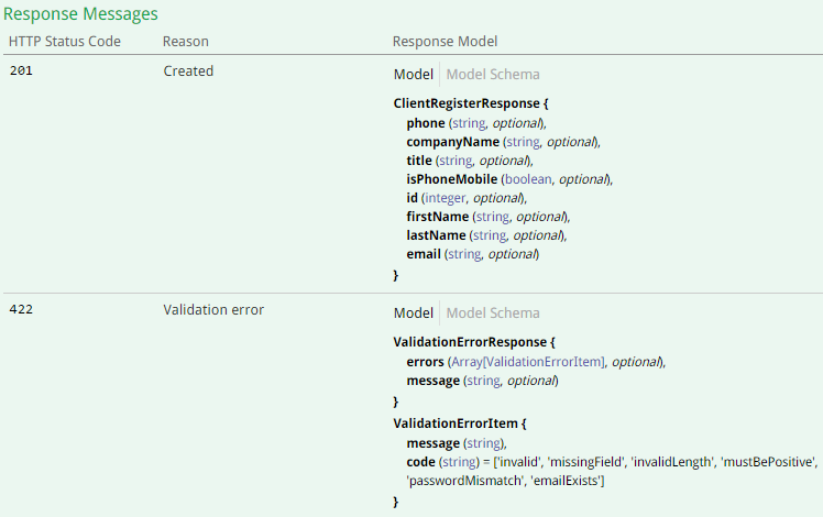 For Client also accessible different API’s responses that will be in case of 1) valid values or 2) wrong values (ClientRegisterResponse and ValidationErrorResponse respectively, Screenshot #3) when we try to create a new Client.
