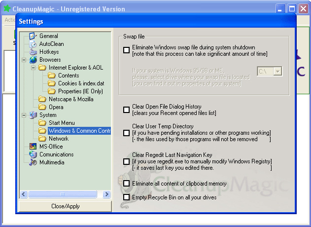 Windows controls settings dialog