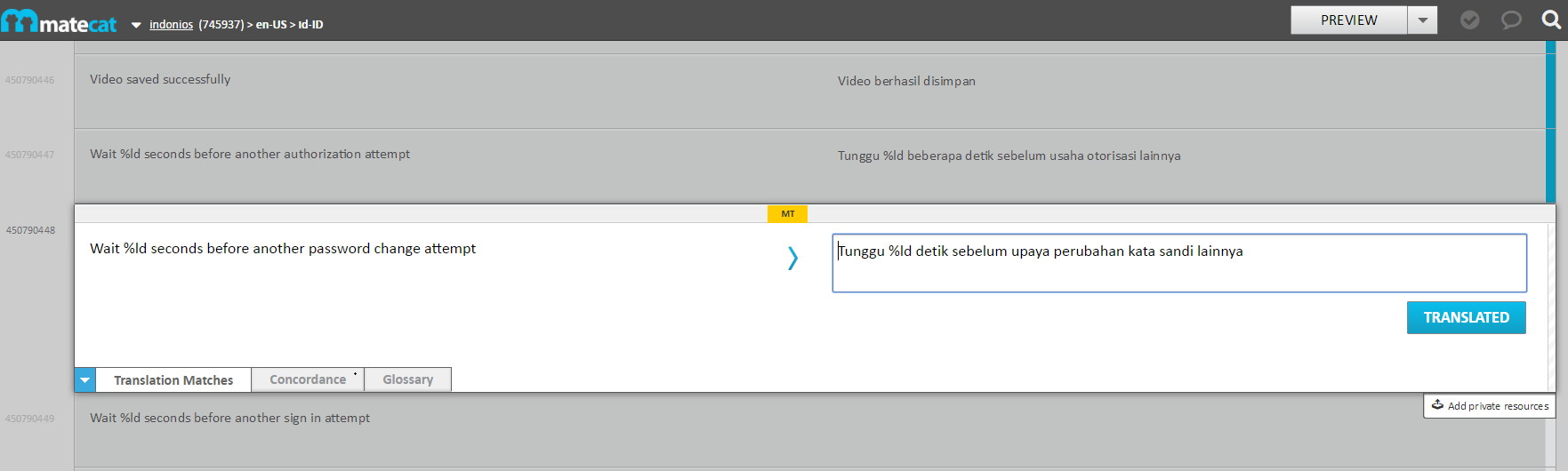 Fragment of MateCAT Translation UI